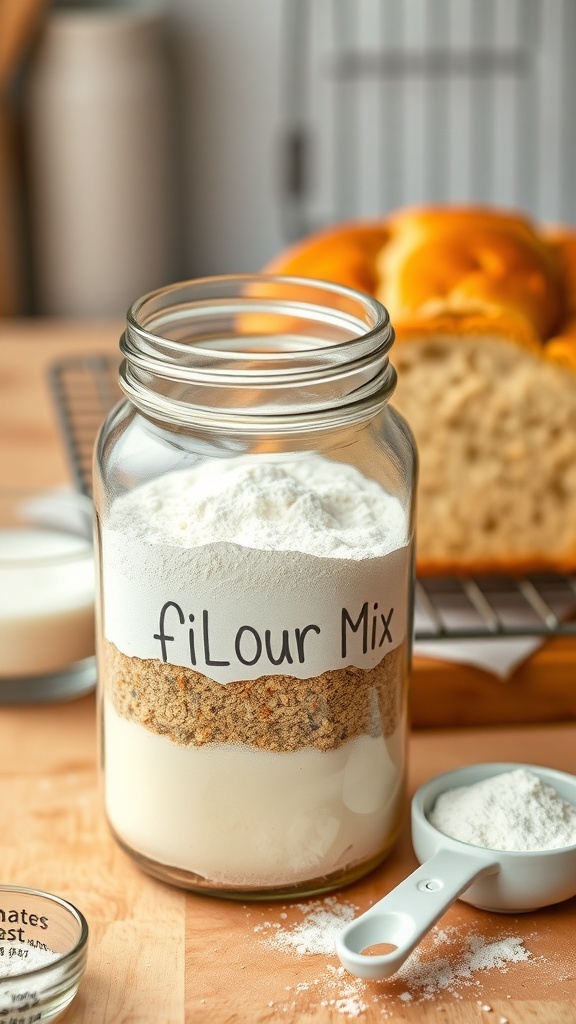 Homemade Bread Mix in a Jar Recipe A jar of homemade bread mix with layered ingredients, next to a freshly baked loaf of bread on a cooling rack.